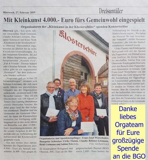 Kleinkunst-Organisatoren spenden 800 € Kleinkunst-Organisatoren spenden 800 €