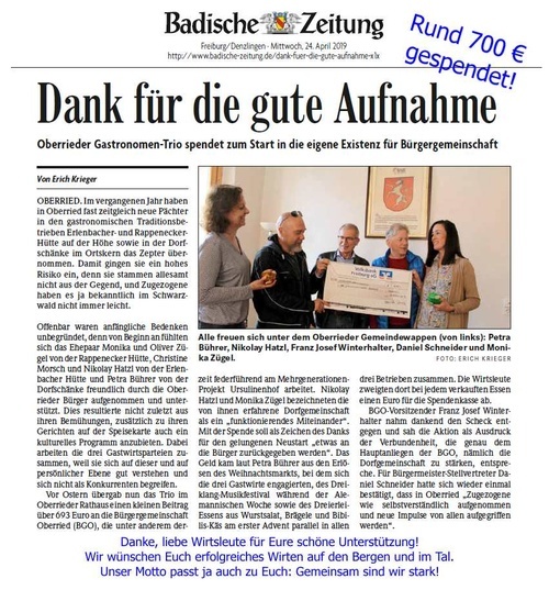 Zeitungsausschnitt BZ Spende Wirte Zeitungsausschnitt BZ Spende Wirte